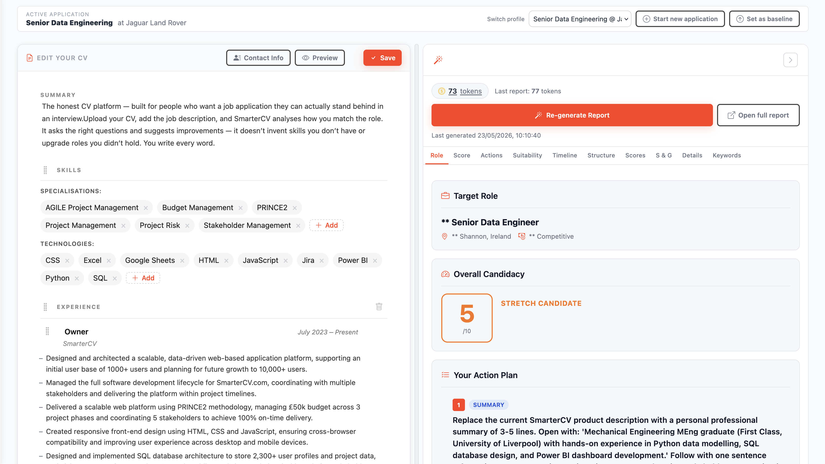 SmarterCV dashboard — CV editor and analysis report side by side